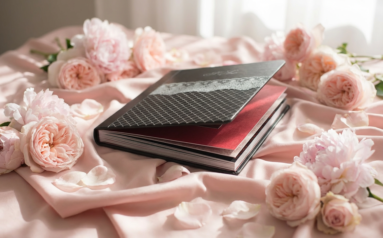 Luxury boudoir album on pink silk with peonies