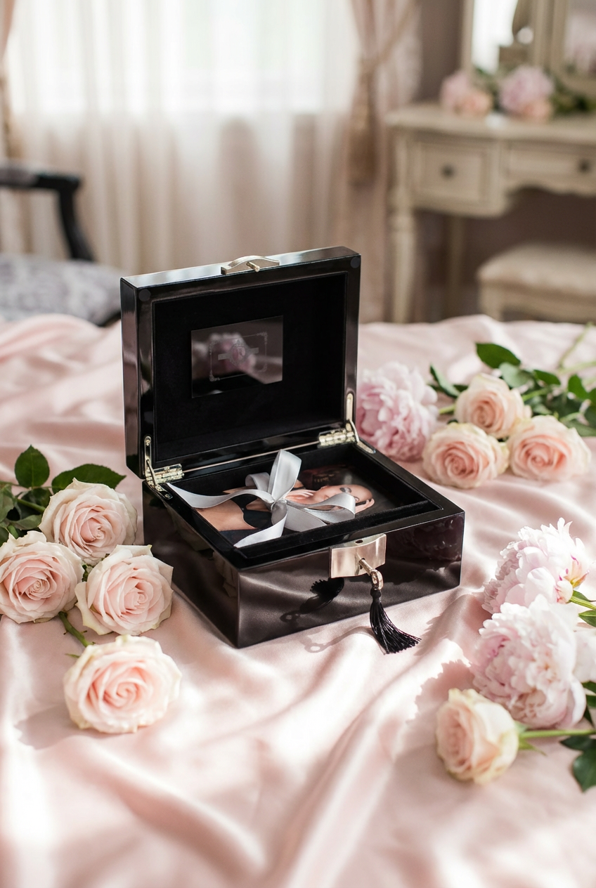Luxury keepsake box on pink silk with roses