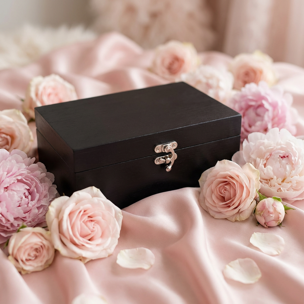 Closed keepsake box with peonies and roses